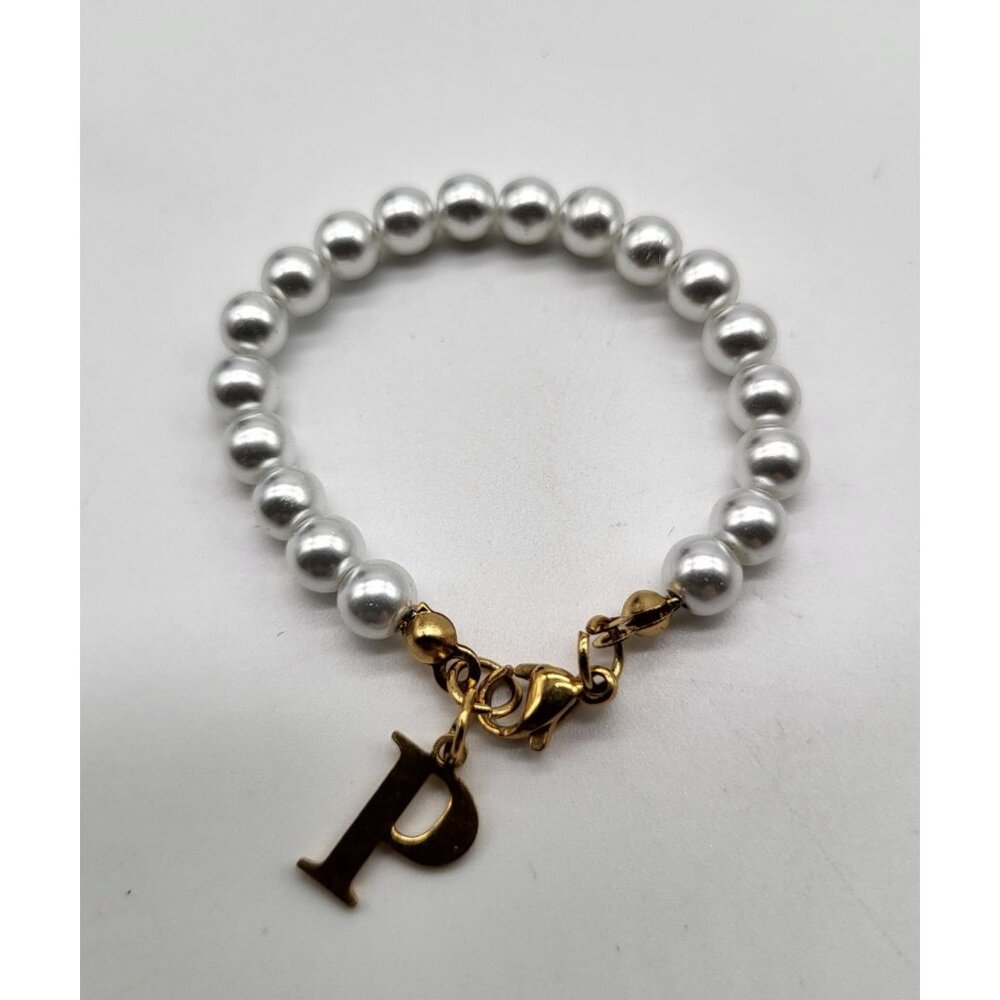 Baby Girl's Faux Pearl Bracelet Gold Tone "P" Initial Charm Wedding Christening